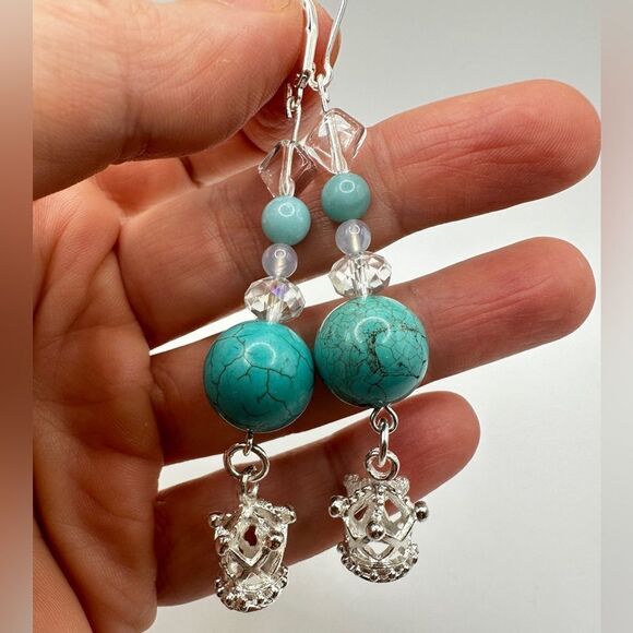 SALE! 3" dangle earrings in silver tone metal with glass, stone, ceramic beads! - Picture 4 of 10